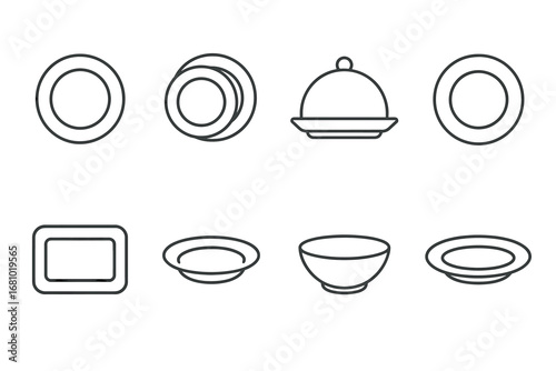 Simple line art: various types of dishware illustrations including plates and bowls