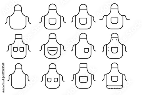 Collection of twelve line art apron designs with pockets and details