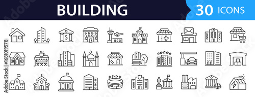 Building Web Icon Set in Line Style. Collection of House Linear Icons, Including city, office, house, skyscraper, bank, school, hotel, shop, university, hospital, church, mosque, factory, architecture