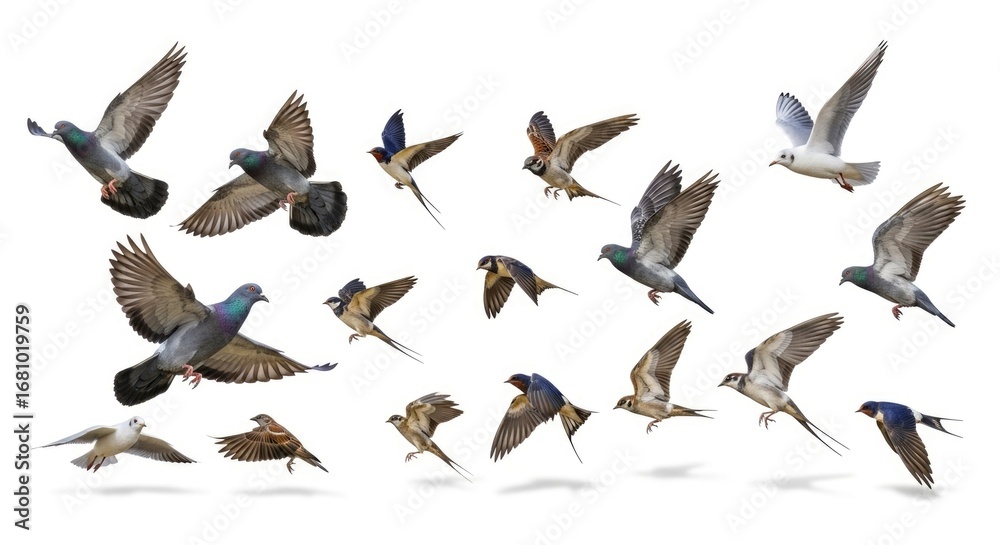 Fototapeta premium A dynamic collection of various birds including pigeons, swallows, sparrows, and gulls in mid-flight, isolated against a clean white background.