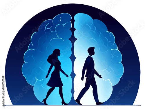 People Walking Through Abstract Brain Silhouette

