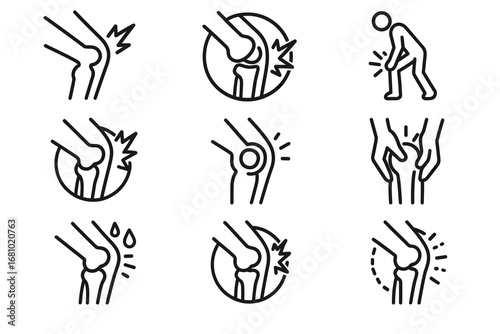 Knee pain icons: discomfort, injury, arthritis, relief for joint issues in adults