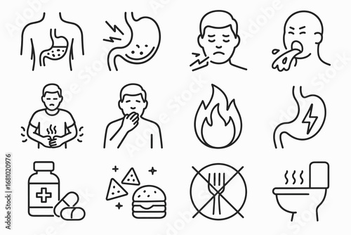 Stomach and digestive health icons: heartburn, indigestion, nausea treatments