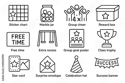 Engaging classroom reward system icons: sticker chart, marble jar, group cheer