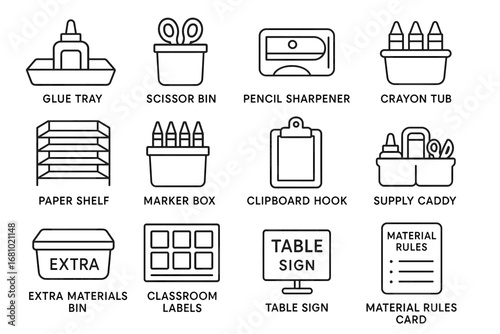 Classroom organization icons including glue tray, scissor bin, and supply caddy