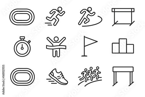 Track and field icons: running, stopwatch, hurdles, podium illustrations
