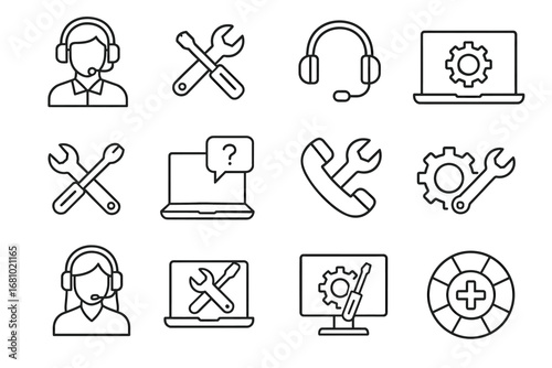 Technical support icons collection: headset, tools, laptop, gear, phone