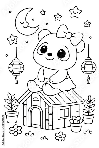 Cute Panda with Bow Sitting on a House Under Moon and Stars Vector Art