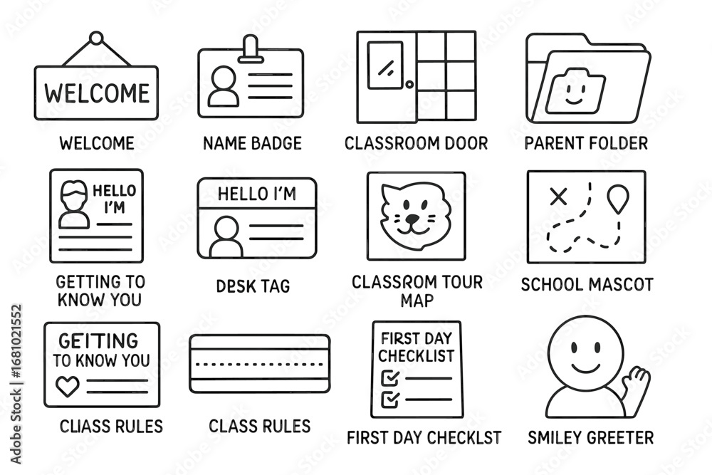 Fototapeta premium Classroom welcome icons: signs, name badges, folders, and maps for school organization