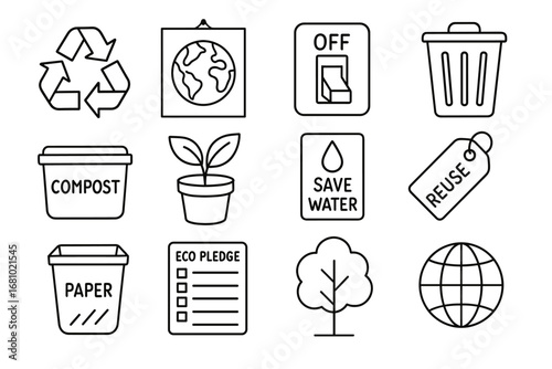 Eco-friendly icons: recycling, compost, save water, reuse, eco pledge