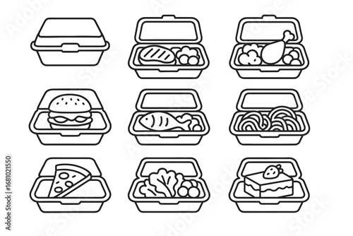 Outline icons of various meals in takeout boxes including pizza and burger