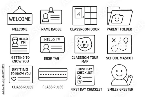 Classroom welcome icons: signs, name badges, folders, and maps for school organization