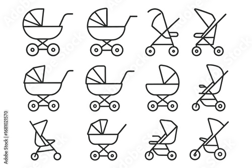 Collection of various baby stroller line icons in different styles