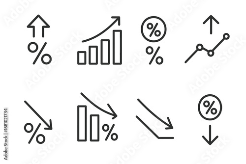 Linear finance icons: growth, decline, percentages, and arrows in monochrome design