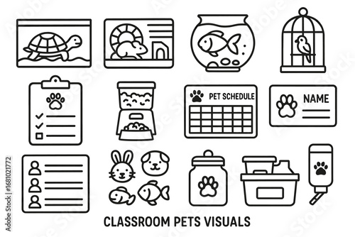 Classroom pet visuals: care schedules, habitat icons, feeding reminders