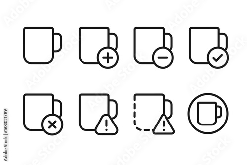 Set of coffee cup icons with various symbols for error and approval indications