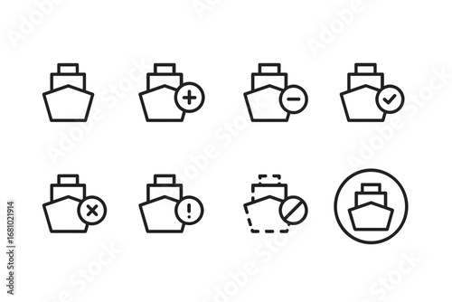 Set of ship icons with plus minus checkmark warning symbols