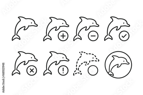 Dolphin icons set with plus minus check exclamation symbols in line art