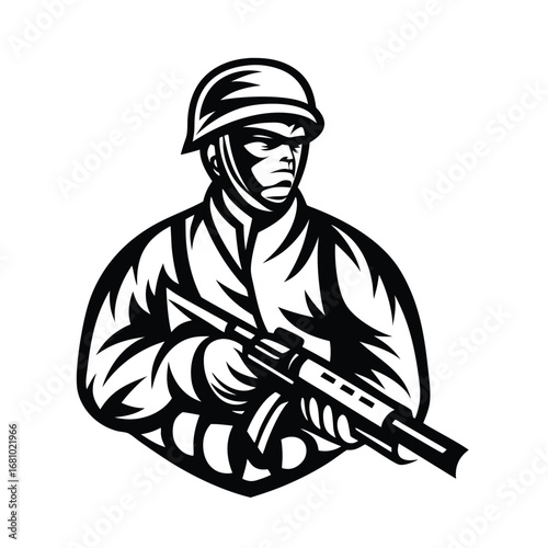 Black Graphics of Soldier in Helmet Holding Rifle on White Background