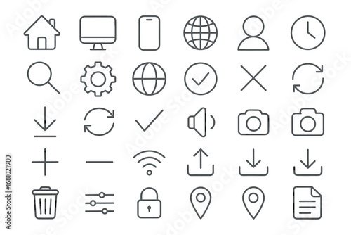 Minimalist icon set featuring technology, communication, and navigation symbols