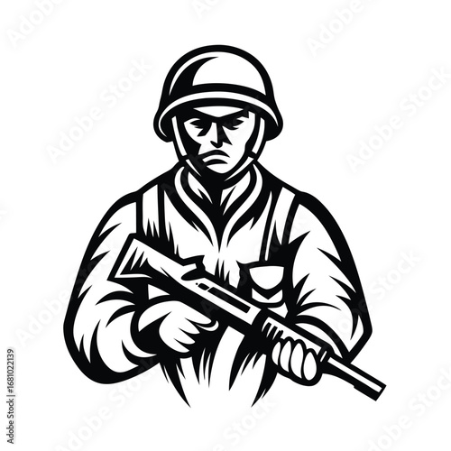 Determined Soldier Holding a Rifle on White Background