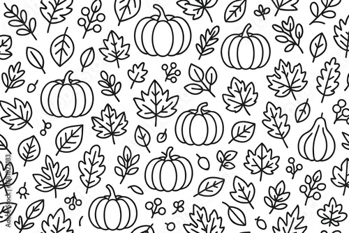 Autumn harvest pattern with pumpkins and leaves in black and white
