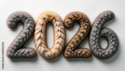 Wallpaper Mural 2026 typography in stylized fur rendered digital art in multicolor palette representing creative holiday design and playful countdown concept with copy space on clean off white minimal background Torontodigital.ca