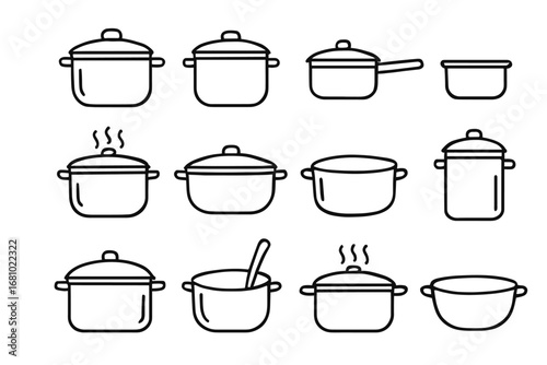 Variety of cooking pots and pans line art collection