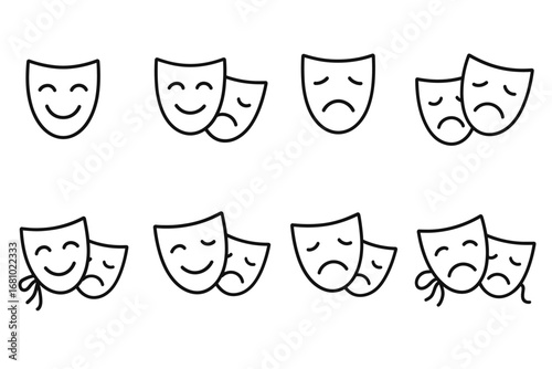Theater masks: emotions of comedy and tragedy in simple line art illustrations
