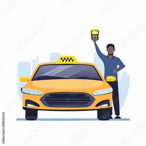 Taxi Driver Holding Fare In City Illustration