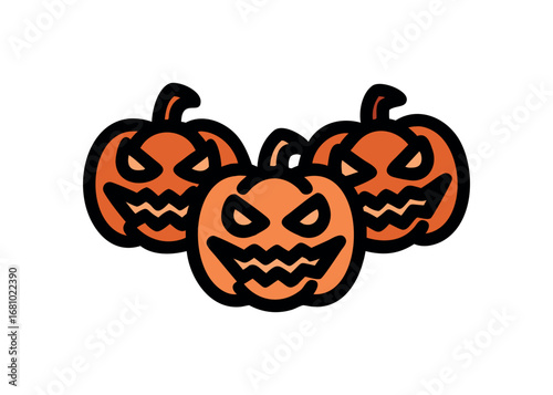 Three spooky carved pumpkins with scary faces