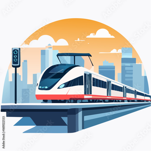 Modern Train On Elevated Track In Cityscape Sunset