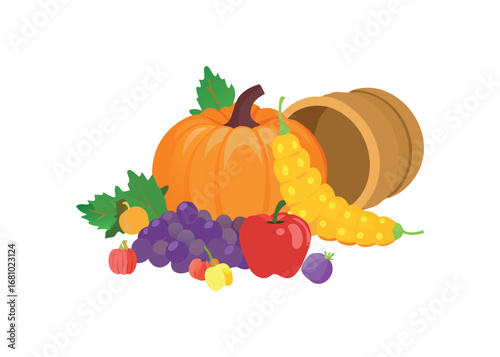 Cornucopia filled with abundant harvest of fresh fruits and vegetables