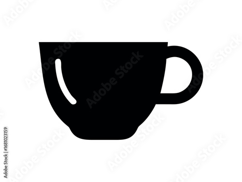 Black silhouette of a simple coffee cup and saucer on transparent background