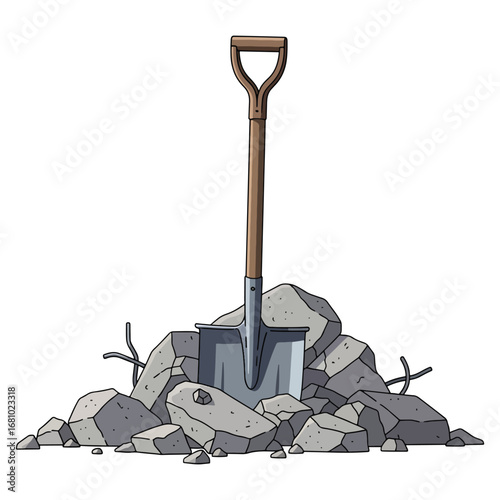 Isolated cartoon drawing of a shovel with a wooden handle stuck in a pile of grey rocks and construction debris vector illustration