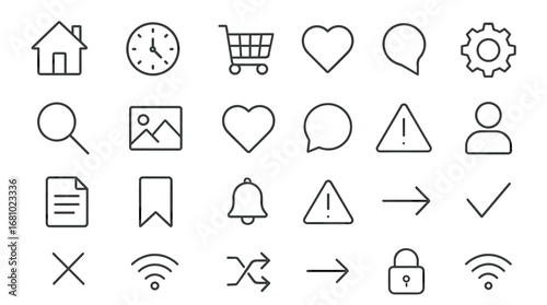 Minimalistic icon set featuring home, clock, shopping cart, heart, and gear symbols
