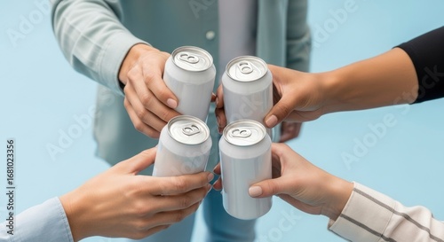 Four diverse hands clinking white beverage cans in a celebratory toast against a light blue background, symbolizing friendship and togetherness.