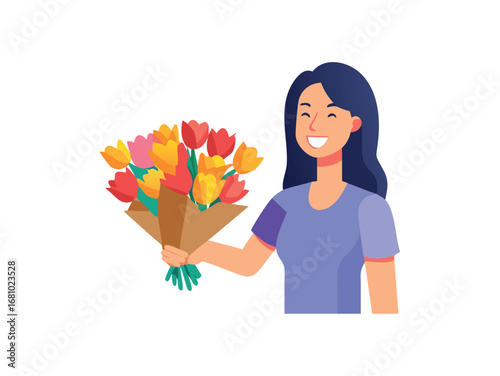 Smiling Asian woman holding a bouquet of colorful tulips