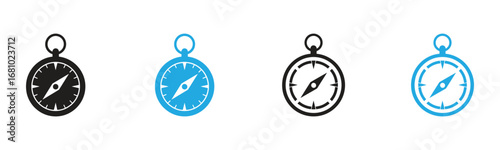 Find your way with these compasses, showing direction and guiding exploration. Great for mapping, travel, and adventure themes. Black and blue compass icons.