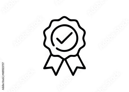 Award ribbon with checkmark symbol, simple line icon on transparent background