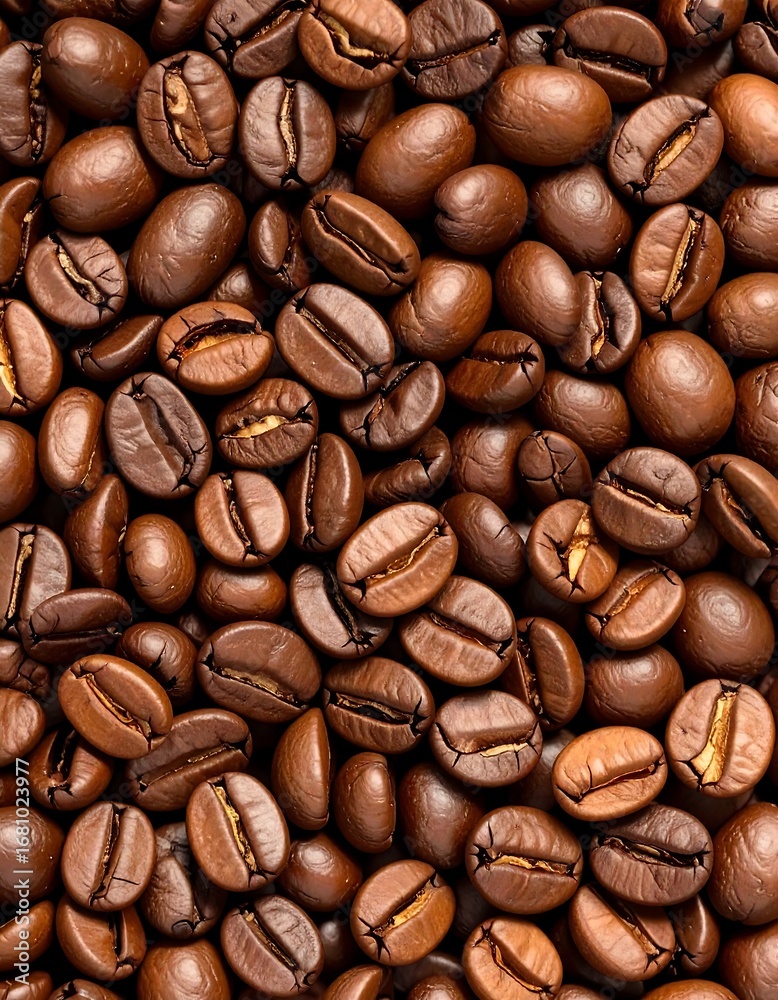 Fototapeta premium Close-up view of a rich, brown collection of coffee beans, showcasing their texture and details.
