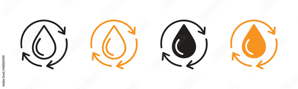 Fototapeta premium Clean, modern icons featuring drops and circulation arrows, symbolizing fluid cycles, sustainability, and resource management for diverse business and environmental projects.