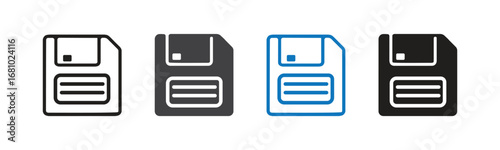 Vintage floppy disk icons in black and blue offer a nostalgic yet functional representation of data storage and saving. Perfect for tech concepts.