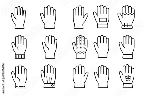 Set of diverse glove icons in different styles and designs
