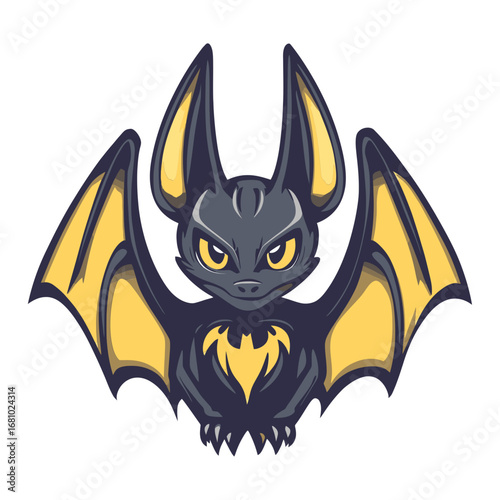 A fierce cartoon mascot illustration of a stylized bat with wide wings and yellow accents. Excellent for websites and blogs related to Halloween, comic books, video games, or sports teams.

