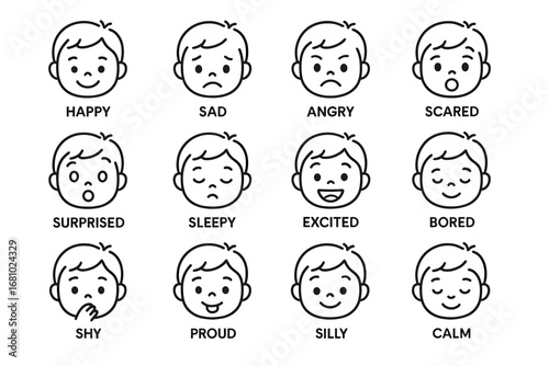 Vector set of child faces showing diverse emotions and expressions