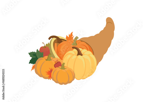 Harvest cornucopia overflowing with pumpkins and autumn leaves