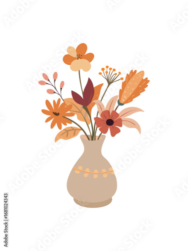 Hand-drawn bouquet of autumnal flowers in a beige vase