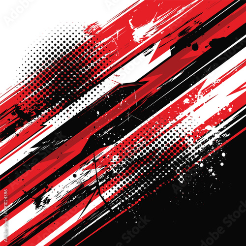 Dynamic abstract background with red and black diagonal stripes, grunge splatter, and halftone dots for racing sports vector illustration