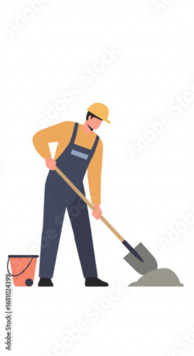 A builder shovels concrete white background